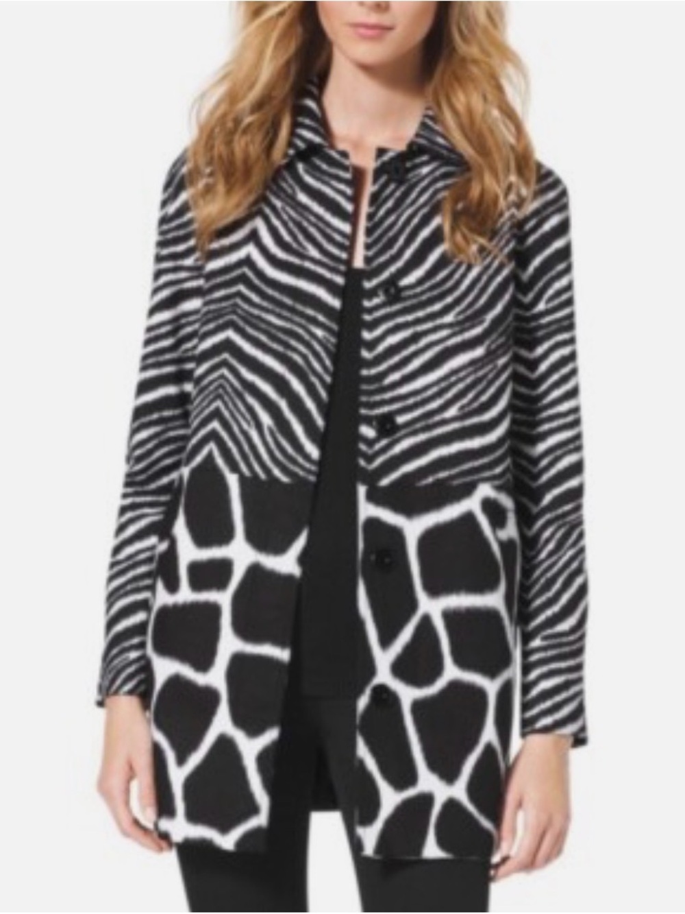 Michael Kors Black and White Animal-Print Pea Coat